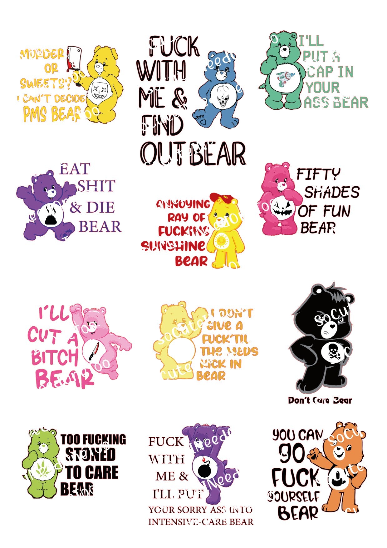 Care Bears (ADULT THEME) Waterslide Decals - SoCuteINeedOneToo