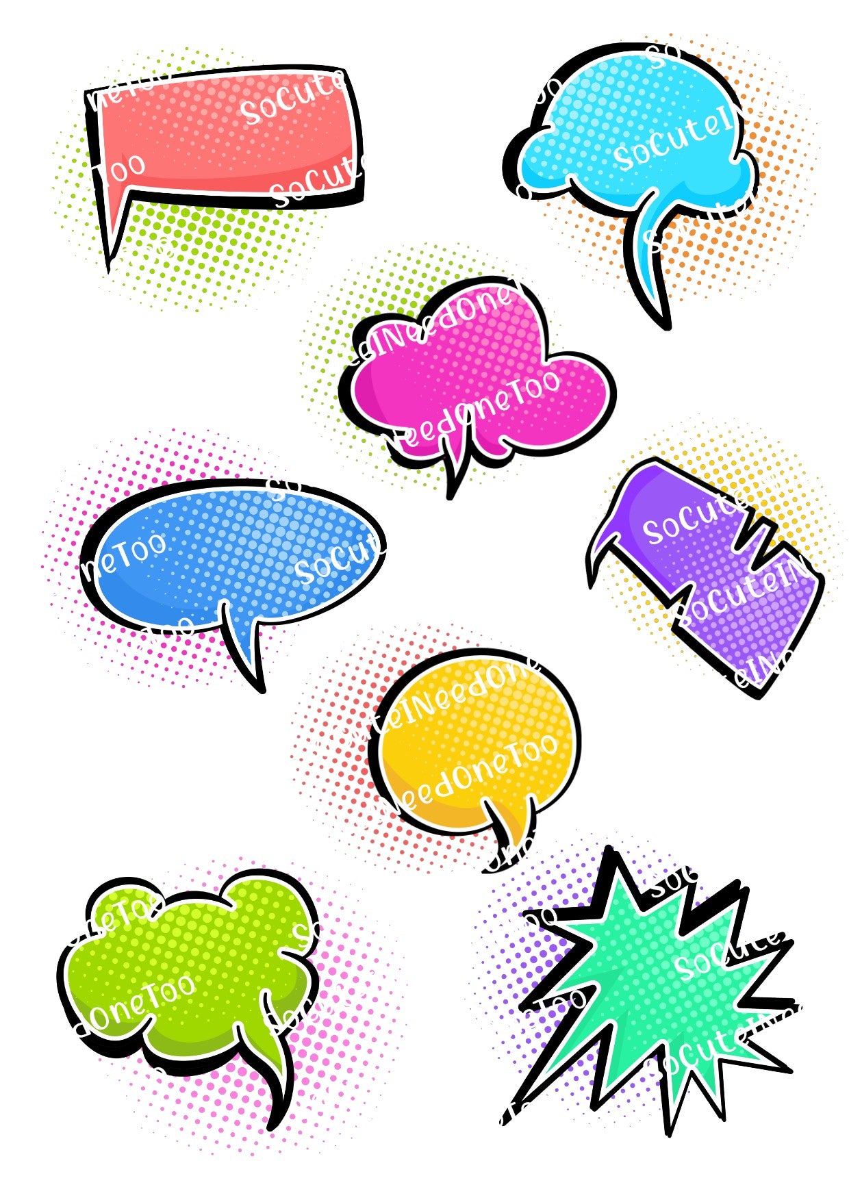 Comic Bubbles Water Decals On Clear/White Waterslide Paper Ready To Use - SoCuteINeedOneToo