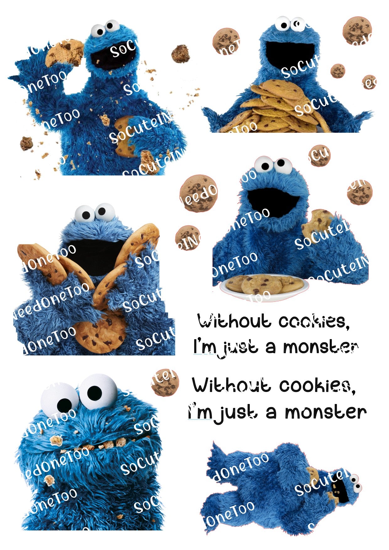 Cookie Monster on Clear/White Waterslide Paper Ready To Use - SoCuteINeedOneToo