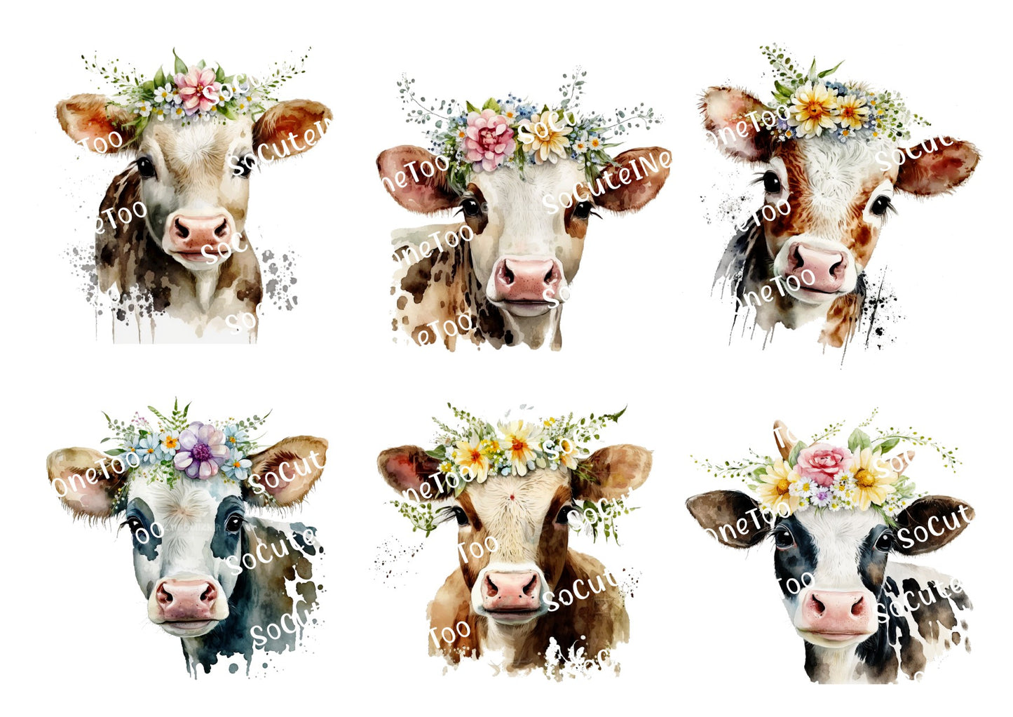 Cows with Flower Crowns #2 on Clear/White Waterslide Paper Ready To Use - SoCuteINeedOneToo