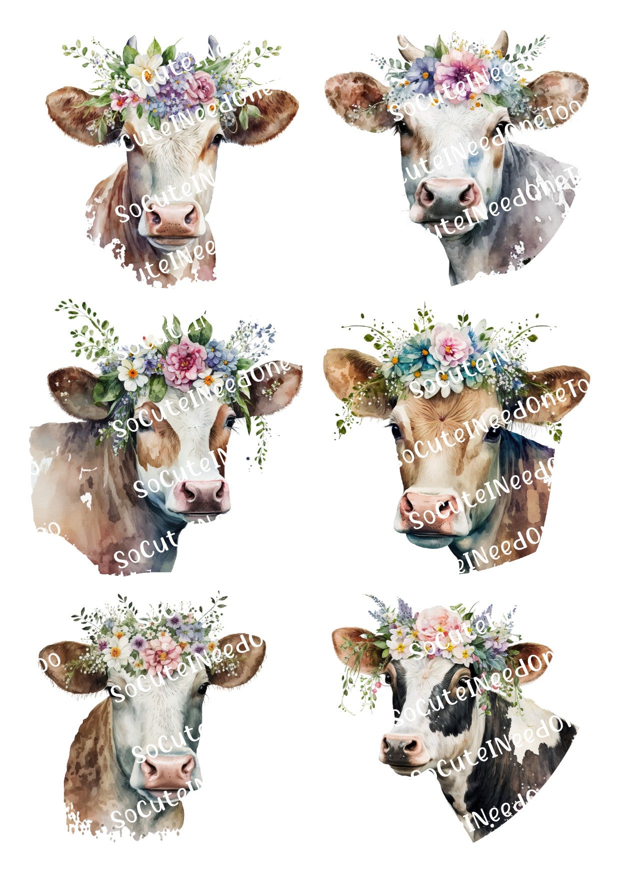 Cows With Flower Crowns - on Clear/White Waterslide Paper Ready To Use - SoCuteINeedOneToo