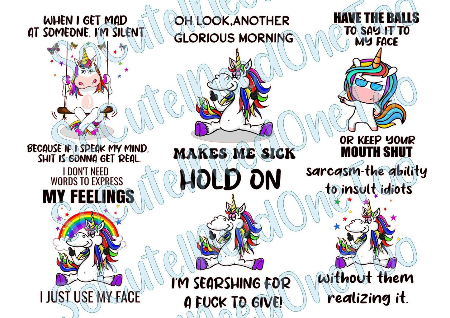 Unicorns - Adult Humor on Clear Waterslide Paper Ready To Use - SoCuteINeedOneToo
