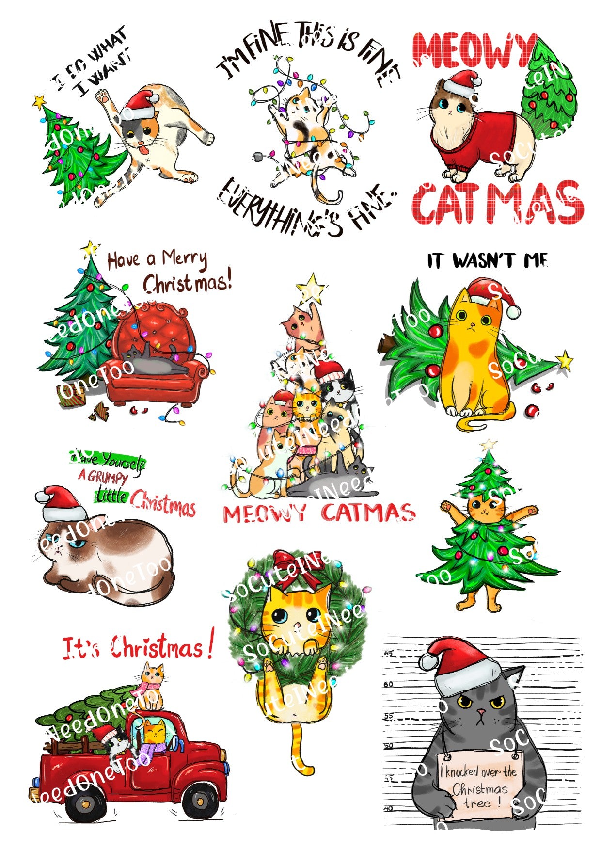 Cat Christmas Waterslide Decals