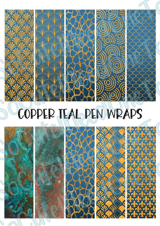 Copper Teal Pen Wraps - Clear/White Waterslide Paper Ready To Use - SoCuteINeedOneToo