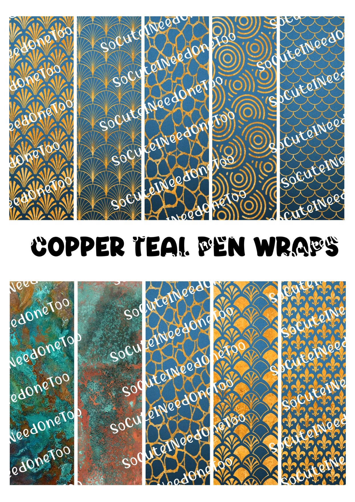 Copper Teal Pen Wraps - Clear/White Waterslide Paper Ready To Use - SoCuteINeedOneToo