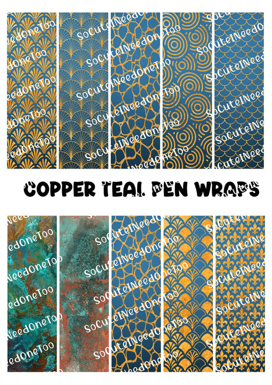 Copper Teal Pen Wraps - Clear/White Waterslide Paper Ready To Use - SoCuteINeedOneToo