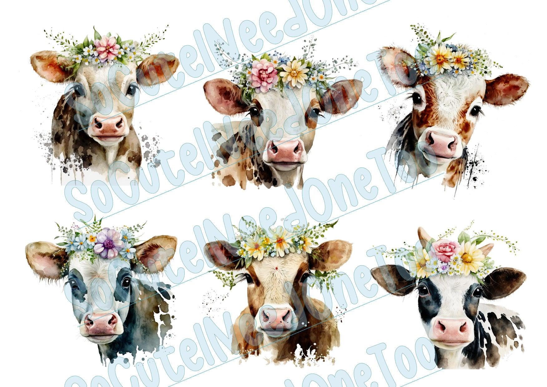 Cows with Flower Crowns #2 on Clear/White Waterslide Paper Ready To Use - SoCuteINeedOneToo