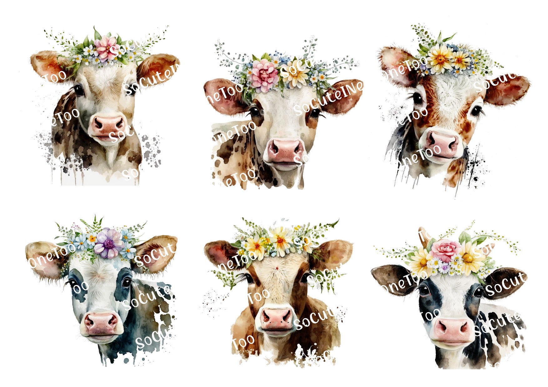 Cows with Flower Crowns #2 on Clear/White Waterslide Paper Ready To Use - SoCuteINeedOneToo