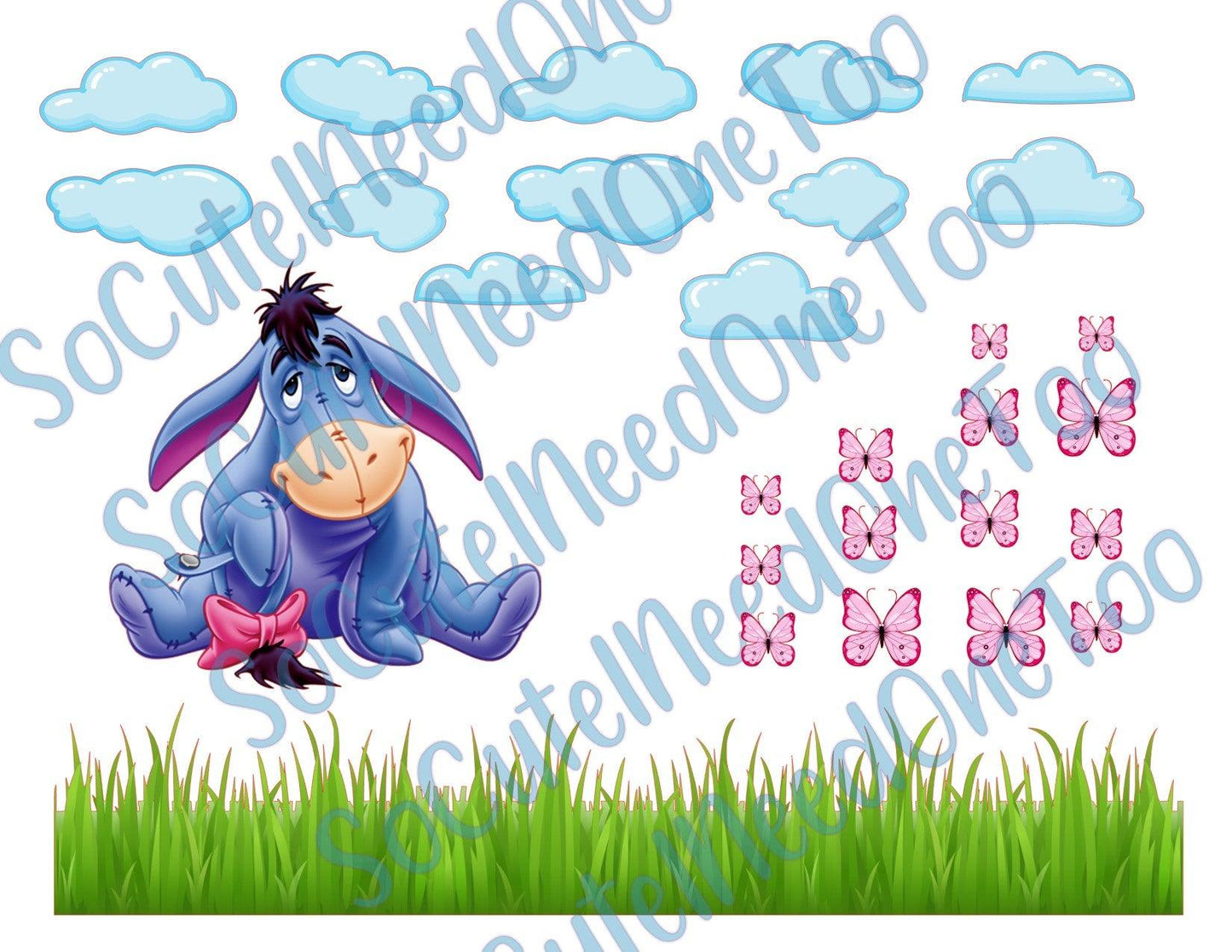 Eeyore with Clouds & Butterflies on Clear/White Waterslide Paper Ready To Use - SoCuteINeedOneToo
