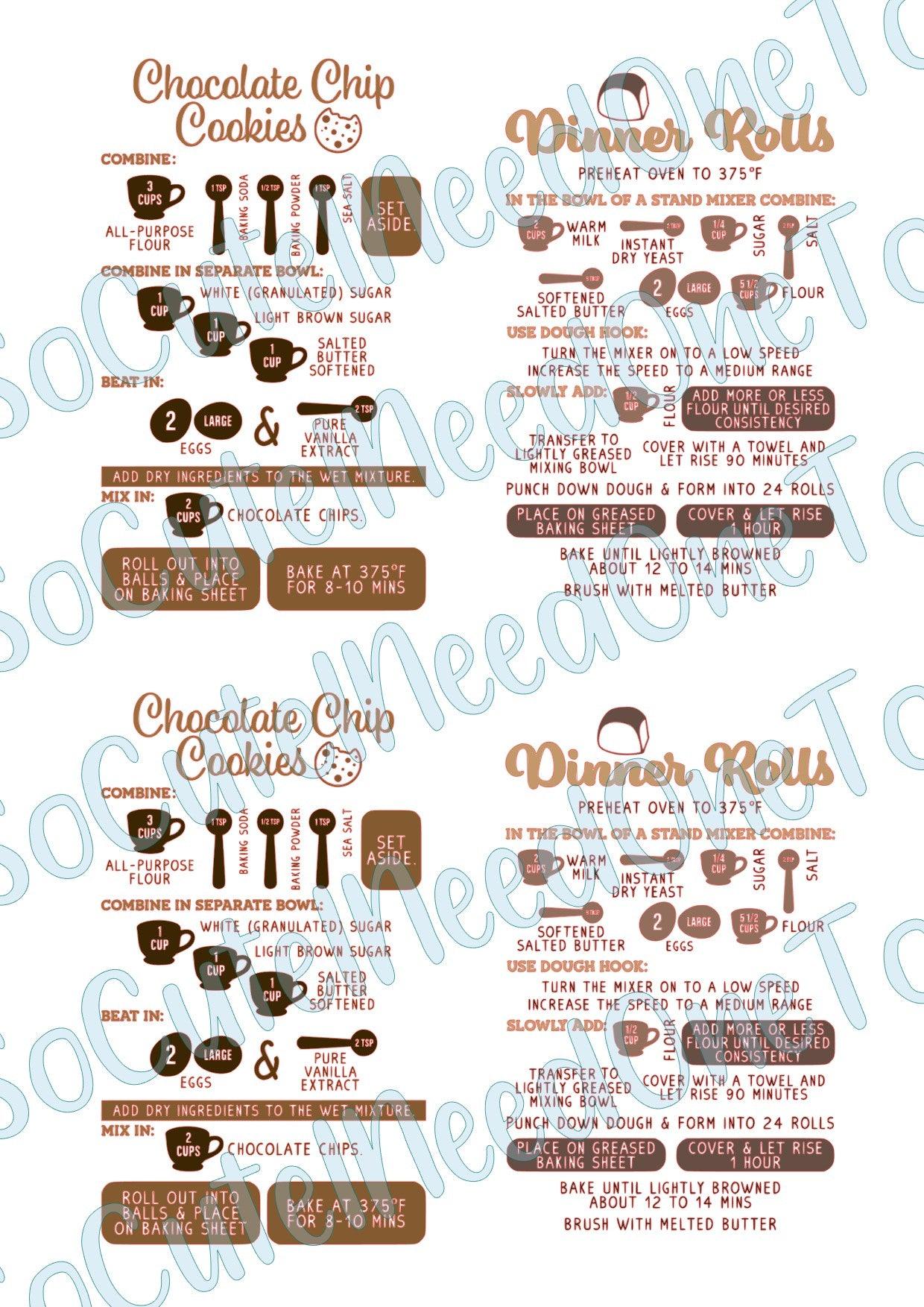 Food Recipies - Chocolate Chips & Dinner Rolls on Clear/White Waterslide Paper Ready To Use - SoCuteINeedOneToo