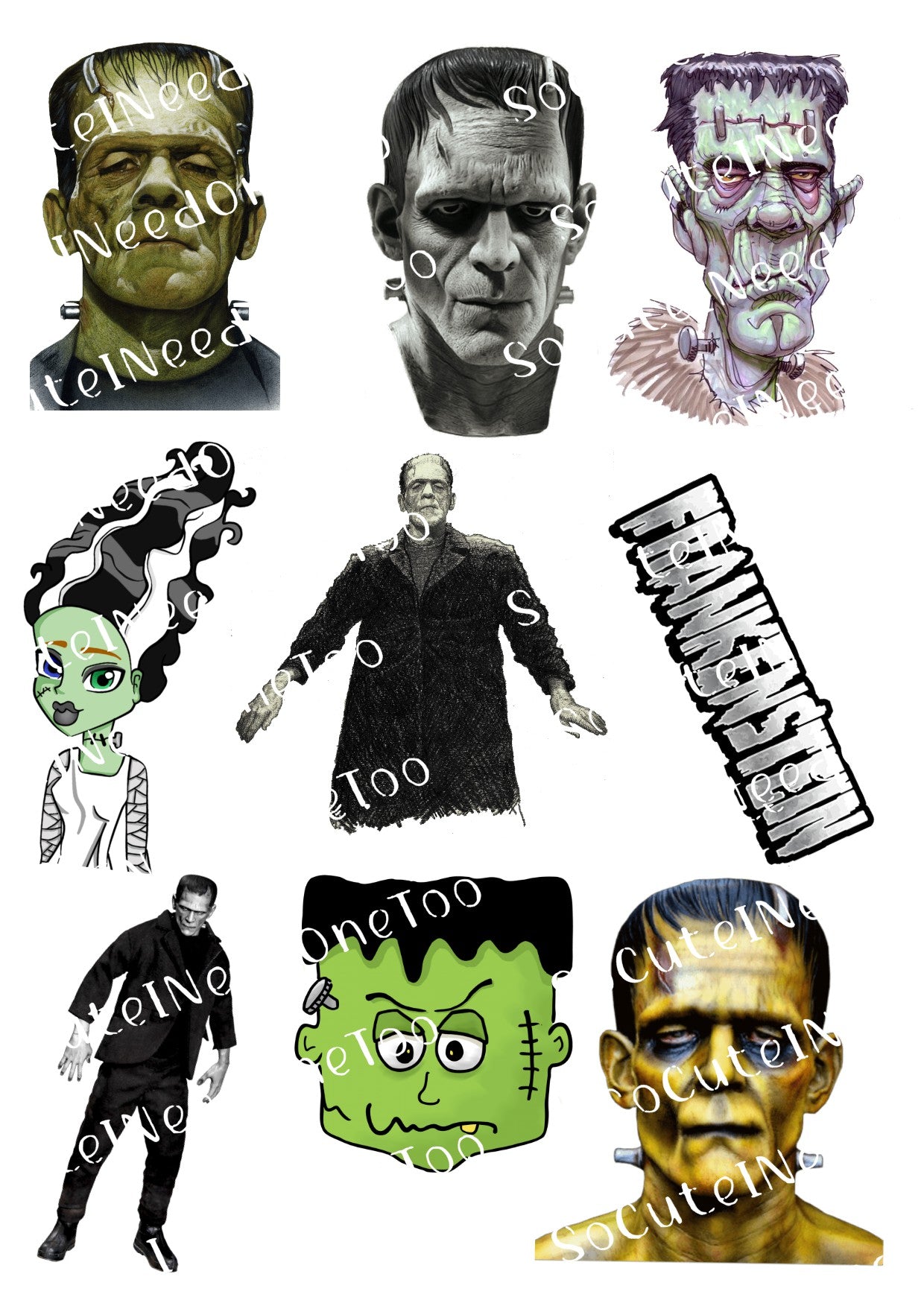 Frankenstein Faces On Clear/White Waterslide Paper - SoCuteINeedOneToo