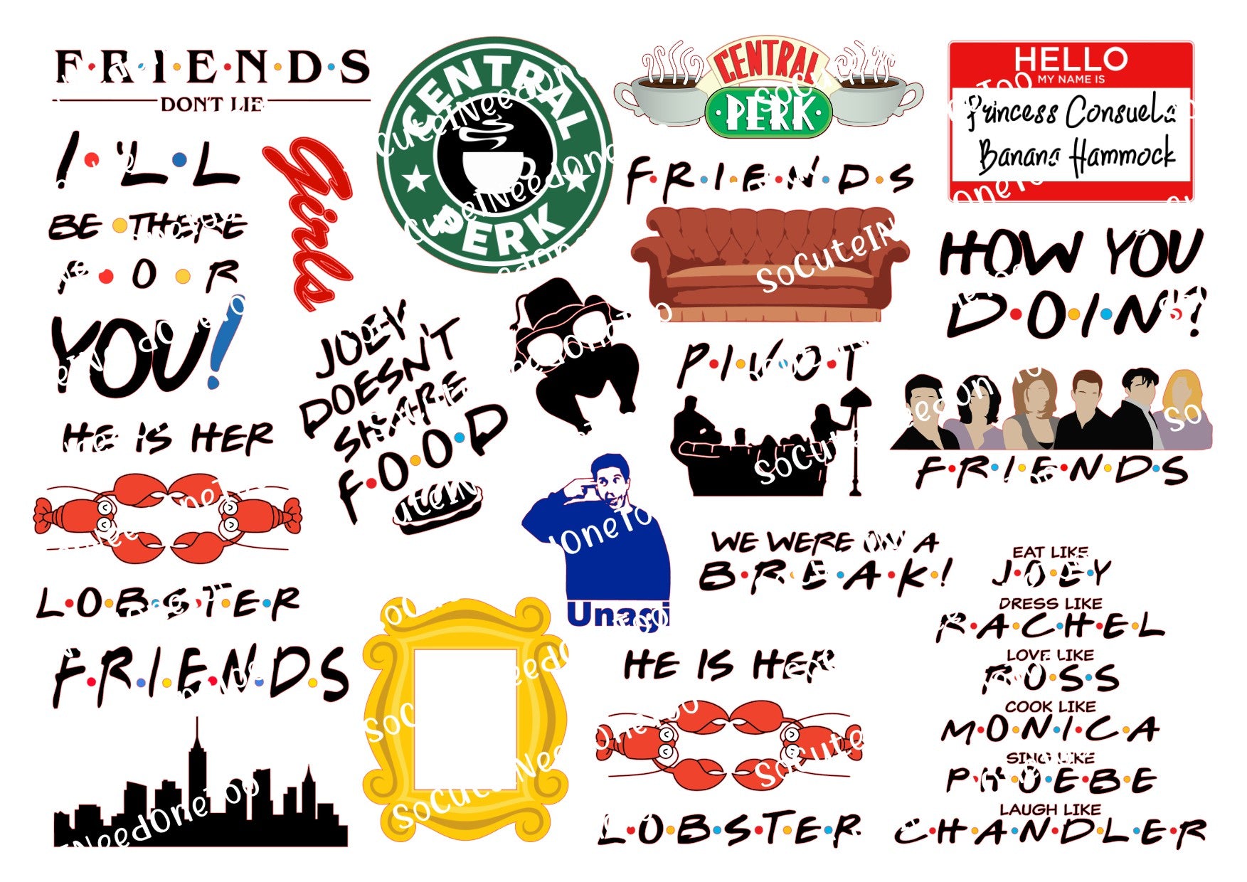 Friends TV Series on Clear/White Laser Printed Waterslide Paper Ready To Use - SoCuteINeedOneToo