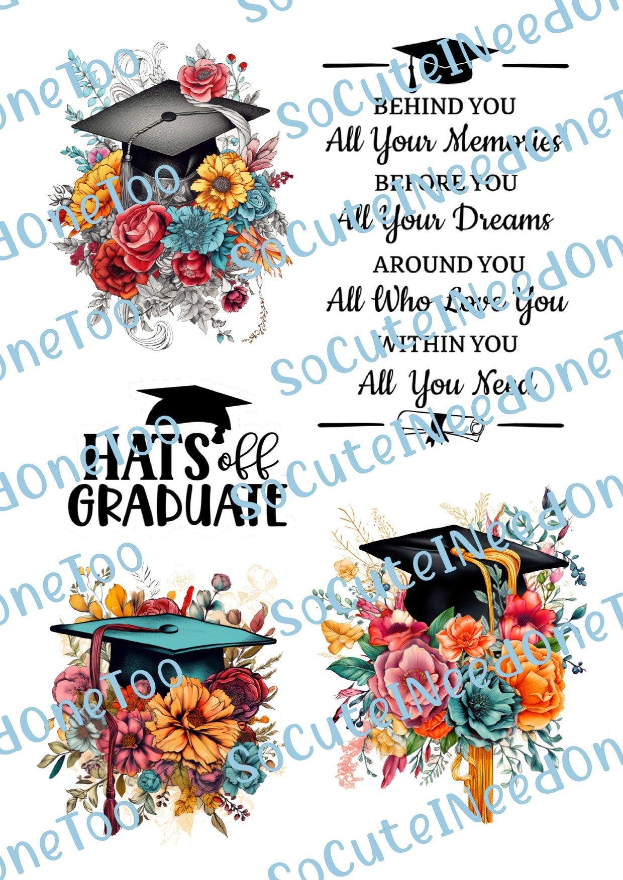 Graduation Caps with Flowers on Clear/White Waterslide Paper - SoCuteINeedOneToo