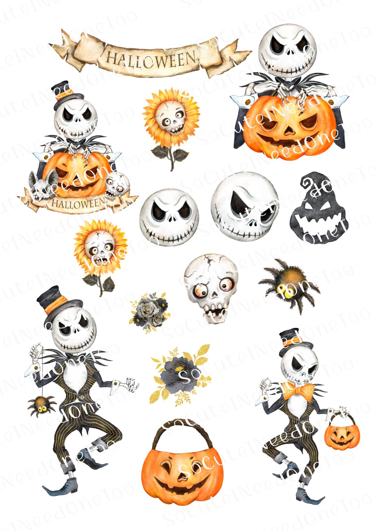 Halloween Watercolor Jack on Clear/White Waterslide Paper Ready To Use - SoCuteINeedOneToo