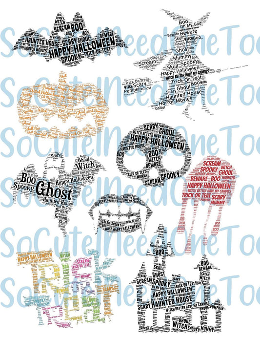 Halloween Word Art On Clear/White Waterslide Paper - Ready To Use - SoCuteINeedOneToo