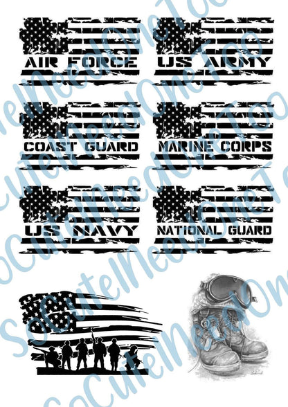 Military B/W Flags on Clear/White Water Slide Paper Ready To Use - SoCuteINeedOneToo