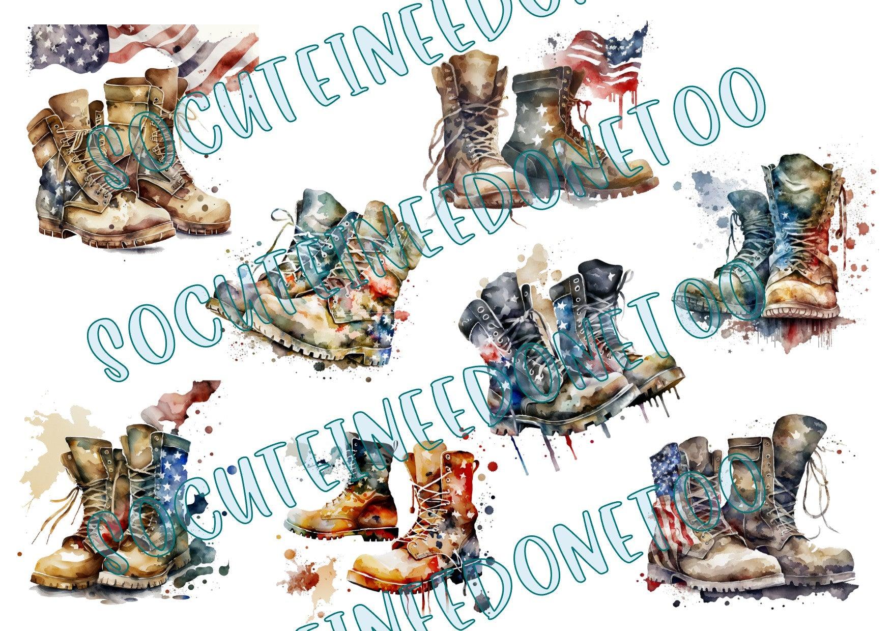 Military Watercolor Boots on Clear/White Waterslide Paper Ready To Use - SoCuteINeedOneToo