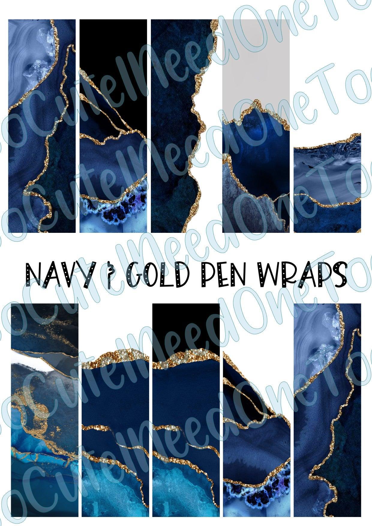 Navy & Gold Pen Wraps on Clear/White Waterslide Paper Ready To Use - SoCuteINeedOneToo