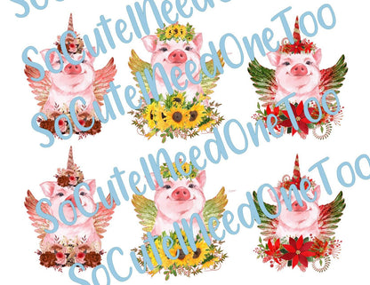 Pigs with Flower Crowns on Clear/White Waterslide Paper Ready To Use - SoCuteINeedOneToo