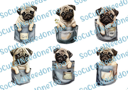 Pugs on Clear/White Waterslide Paper Ready To Use - SoCuteINeedOneToo