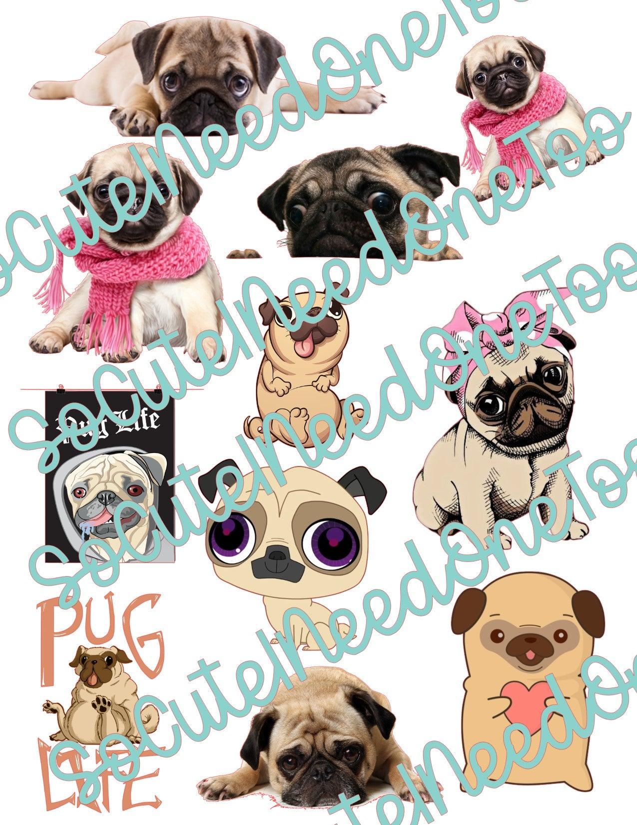 Pugs on Clear/White Waterslide Paper Ready To Use - SoCuteINeedOneToo