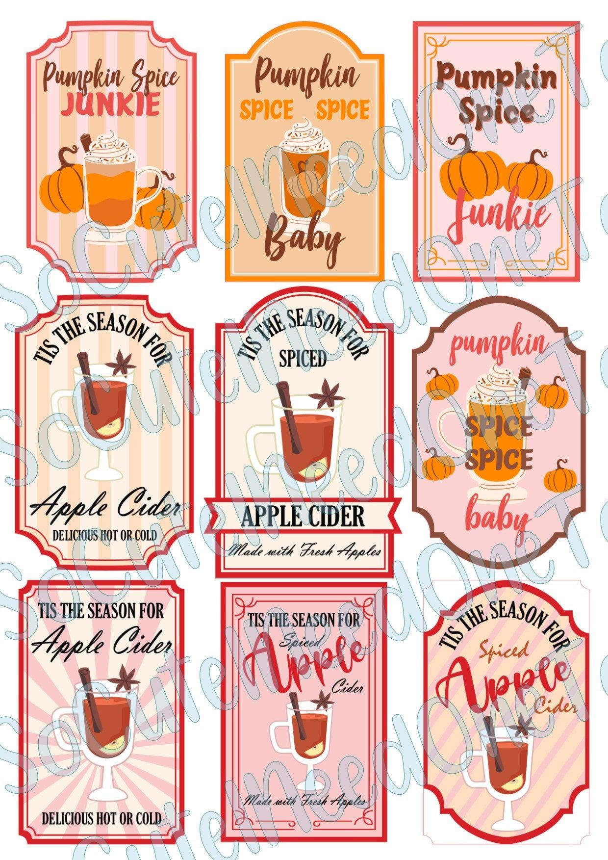 Pumpkin Spice & Apple Spice Labels On Clear/White Waterslide Paper Ready To Use - SoCuteINeedOneToo