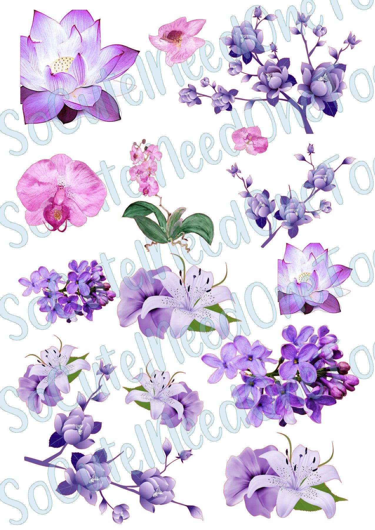 Purple Flowers #3 on Clear/White Water Slide Paper Ready To Use - SoCuteINeedOneToo