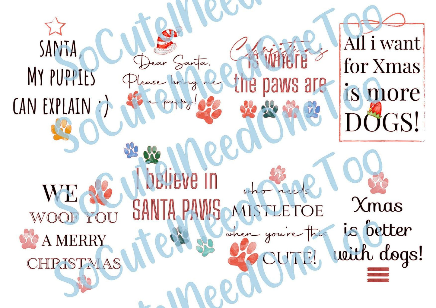 Santa Paws - Christmas - on Clear/White Waterslide Paper Ready To Use - SoCuteINeedOneToo