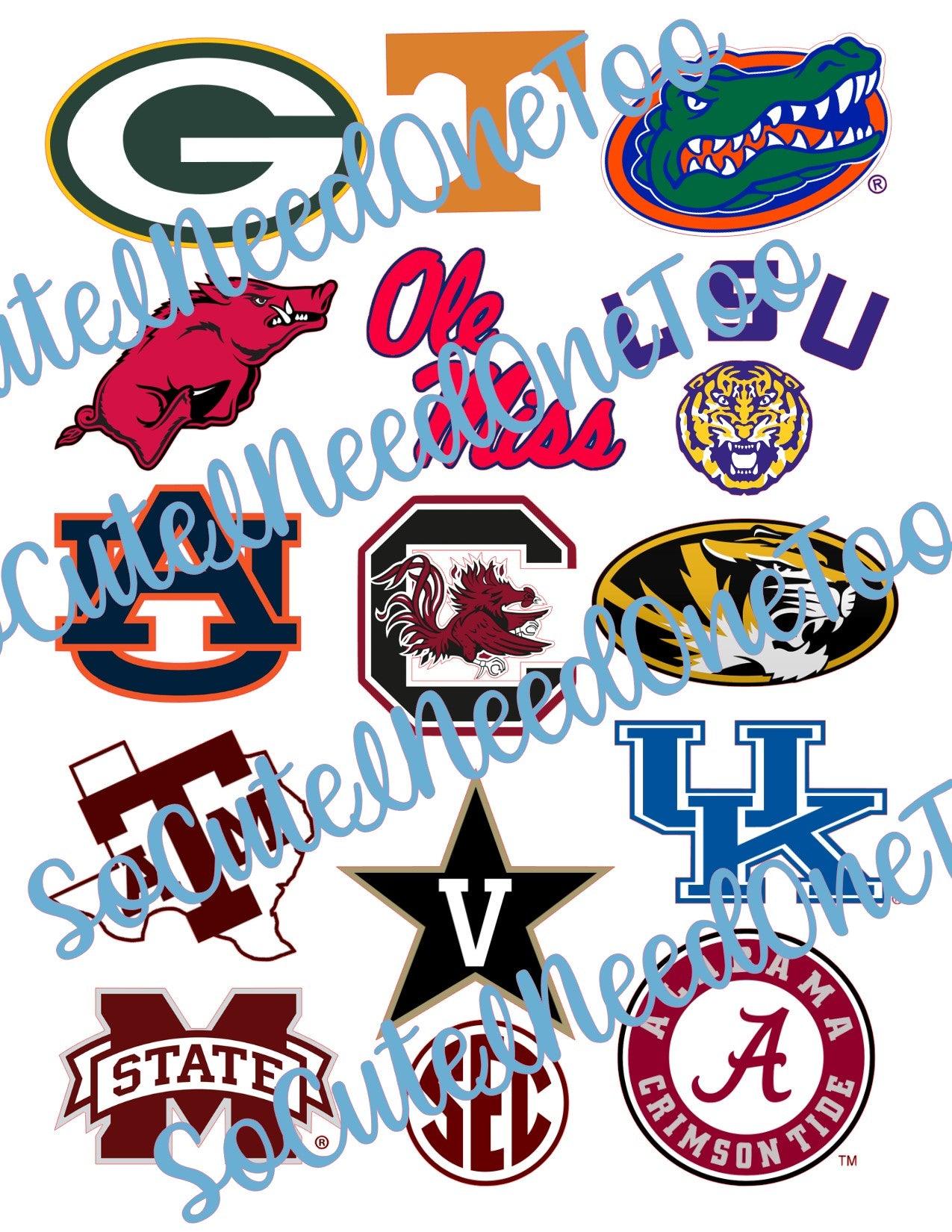SEC Football Teams - Full Sheet On Clear/White Water Slide Paper Sealed & Ready To Use - SoCuteINeedOneToo