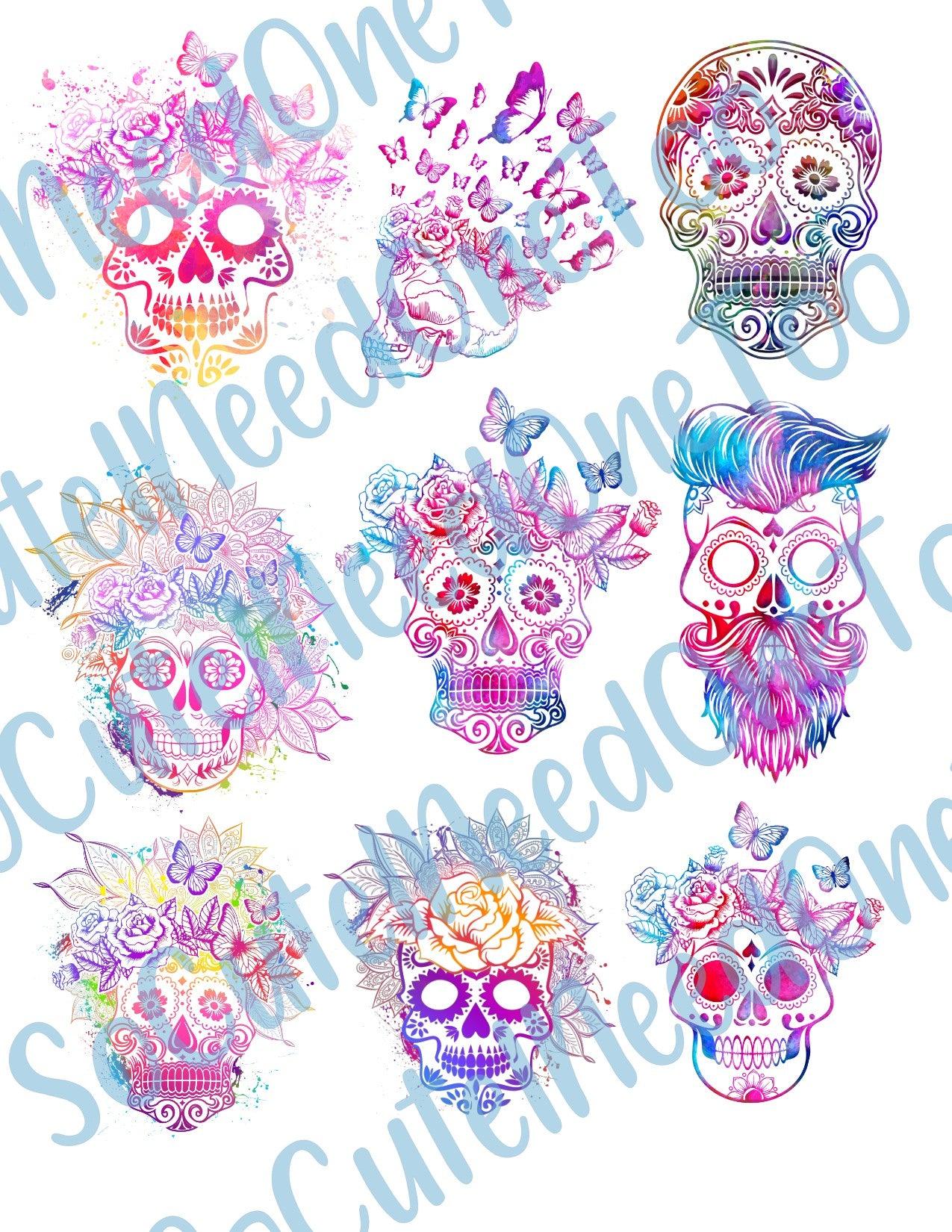 Skulls - Colorful on Clear Water Slide Paper Sealed and Ready To Use - SoCuteINeedOneToo
