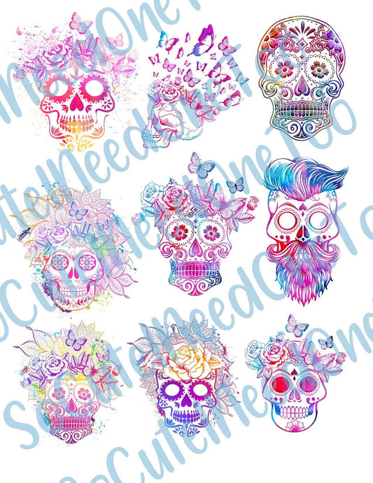 Skulls - Colorful on Clear Water Slide Paper Sealed and Ready To Use - SoCuteINeedOneToo