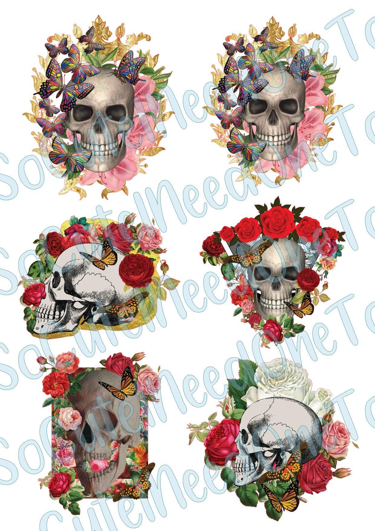 Skulls Roses & Butterflies on Clear/White Waterslide Paper Ready To Use - SoCuteINeedOneToo