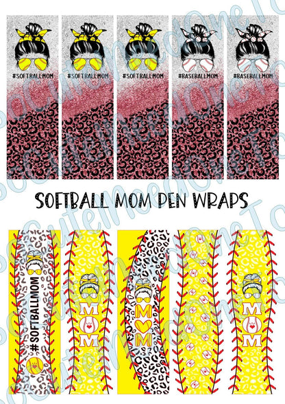 Softball Mom Pen Wraps on Clear/White Waterslide Paper Ready To Use - SoCuteINeedOneToo