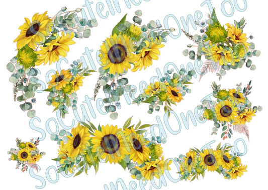Sunflower & Eucalyptus on Clear/White Waterslide Paper Ready To Use - SoCuteINeedOneToo