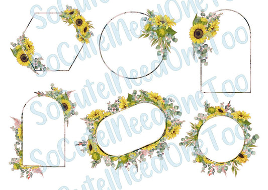 Sunflower - Assortment of Frames on Clear/White Waterslide Paper Ready To Use - SoCuteINeedOneToo