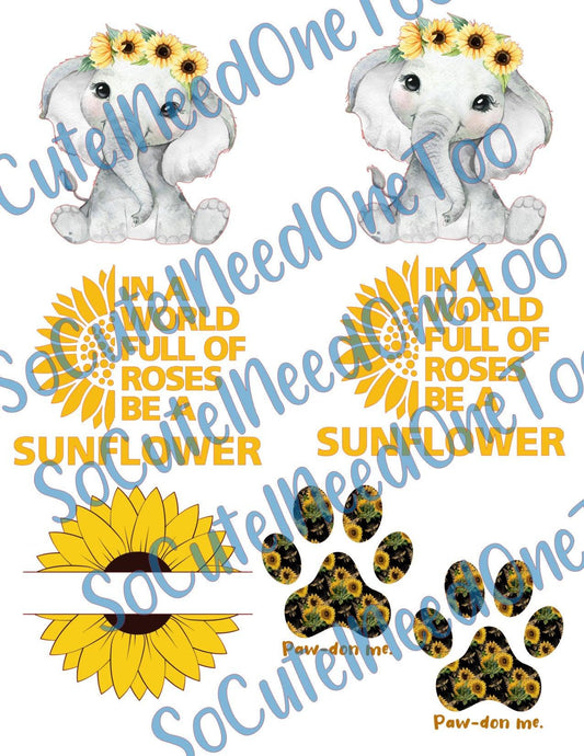 Sunflower Elephant on Clear/White Waterslide Paper Ready To Use - SoCuteINeedOneToo
