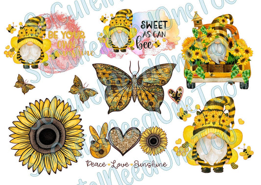 Sunflower - Gnomes Be Your Own Sunshine - on Clear/White Waterslide Paper Ready To Use - SoCuteINeedOneToo