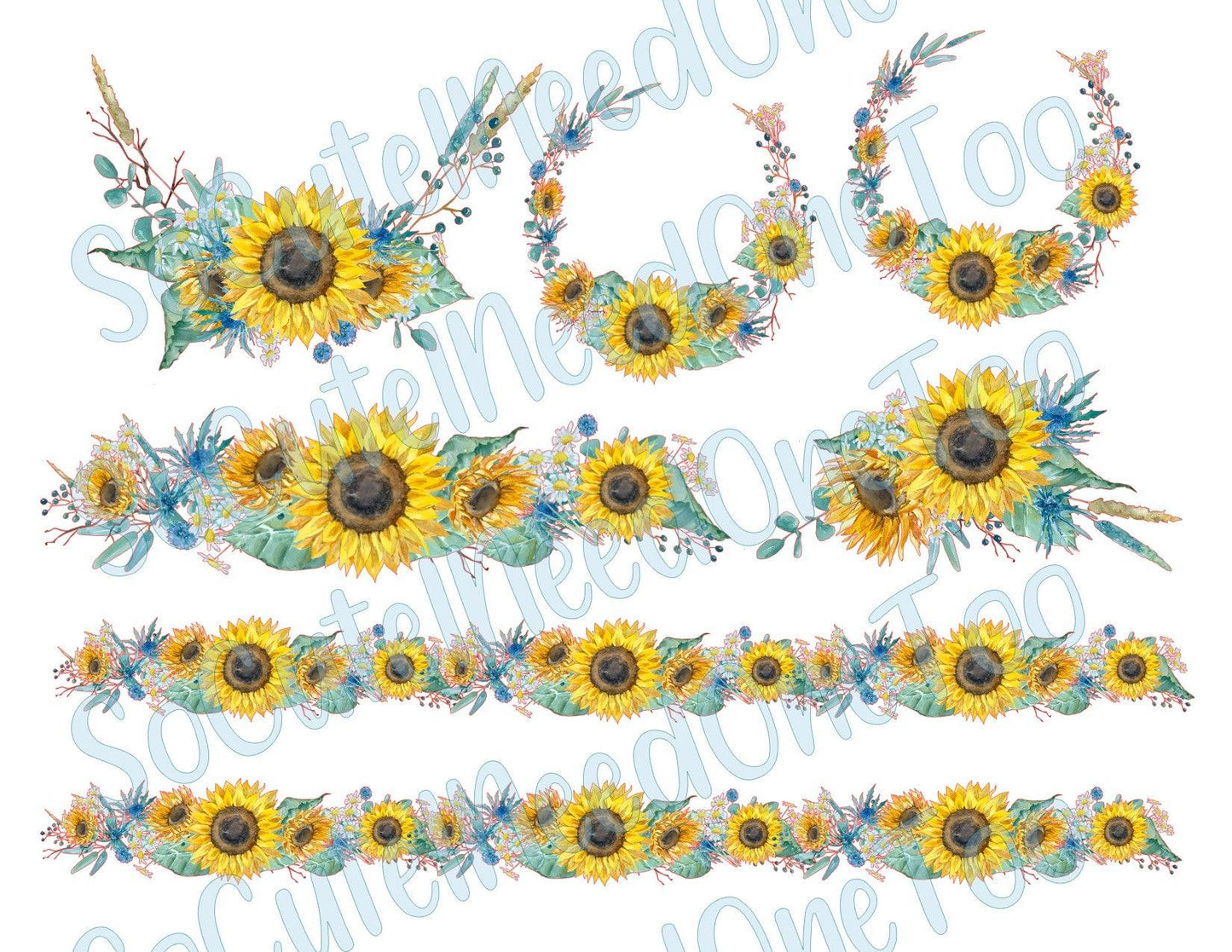 Sunflower - Set of Wreaths on Clear/White Waterslide Paper Ready To Use - SoCuteINeedOneToo