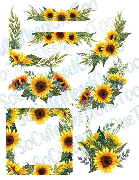 Sunflower Wreaths On Clear/White Waterslide Paper Ready To Use - SoCuteINeedOneToo