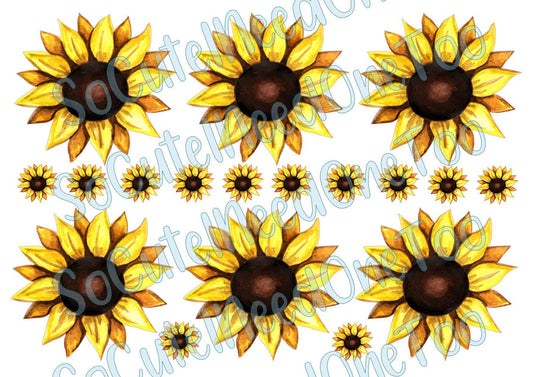 Sunflowers 3.5 inches & 2 inches FULL SHEETS on Clear/White Waterslide Paper Ready To Use - SoCuteINeedOneToo
