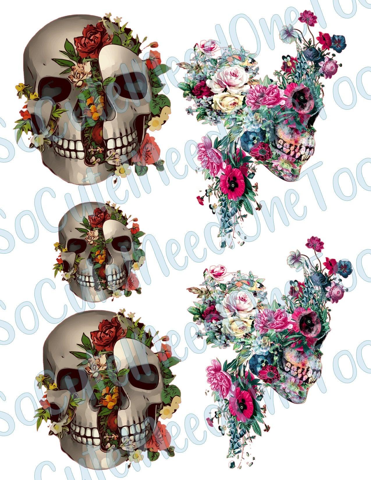 Tattoo - Skull & Flowers on Clear/White Waterslides Paper Ready To Use - SoCuteINeedOneToo