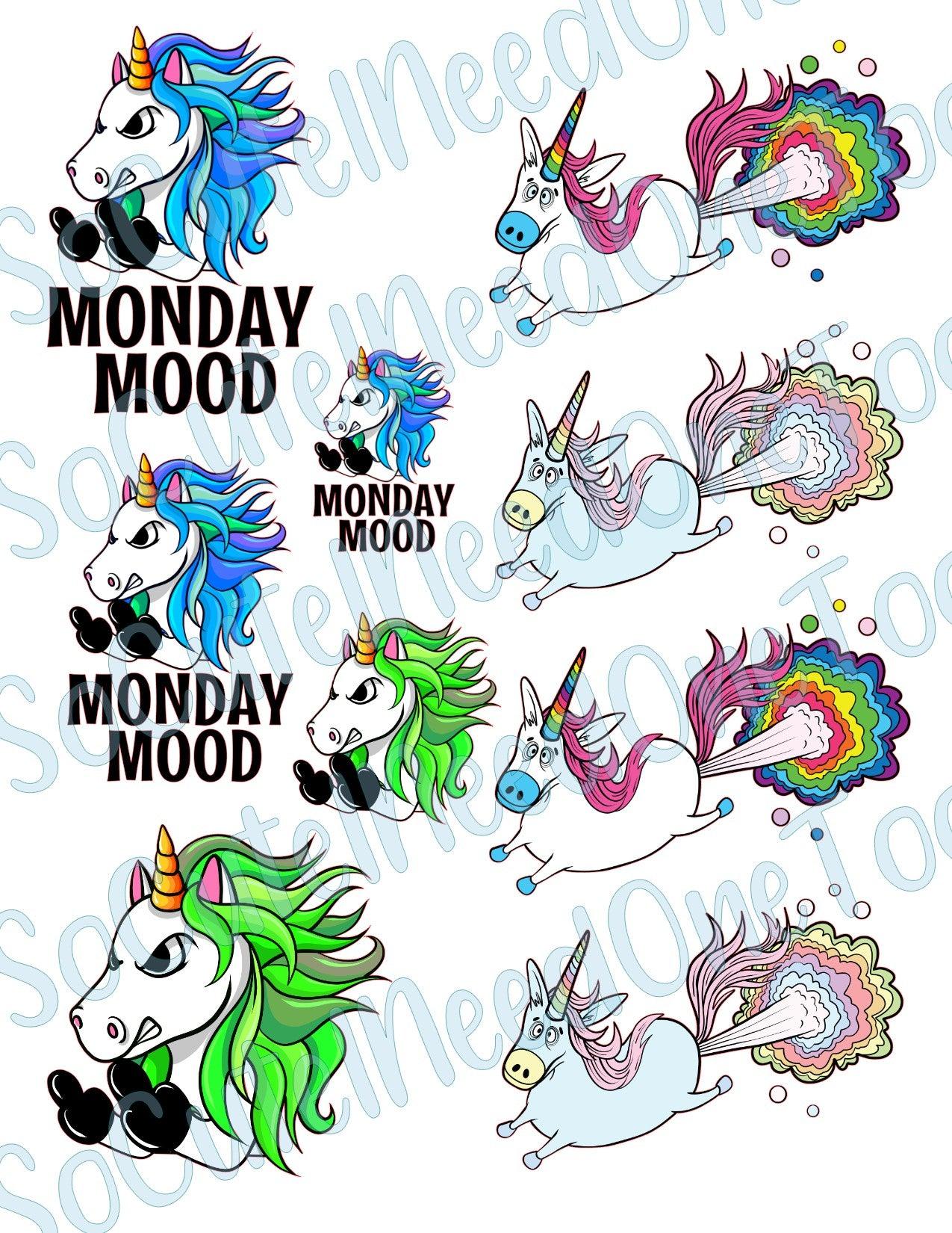 Unicorn - Monday Mood on Clear/White Waterslide Paper Ready To Use - SoCuteINeedOneToo