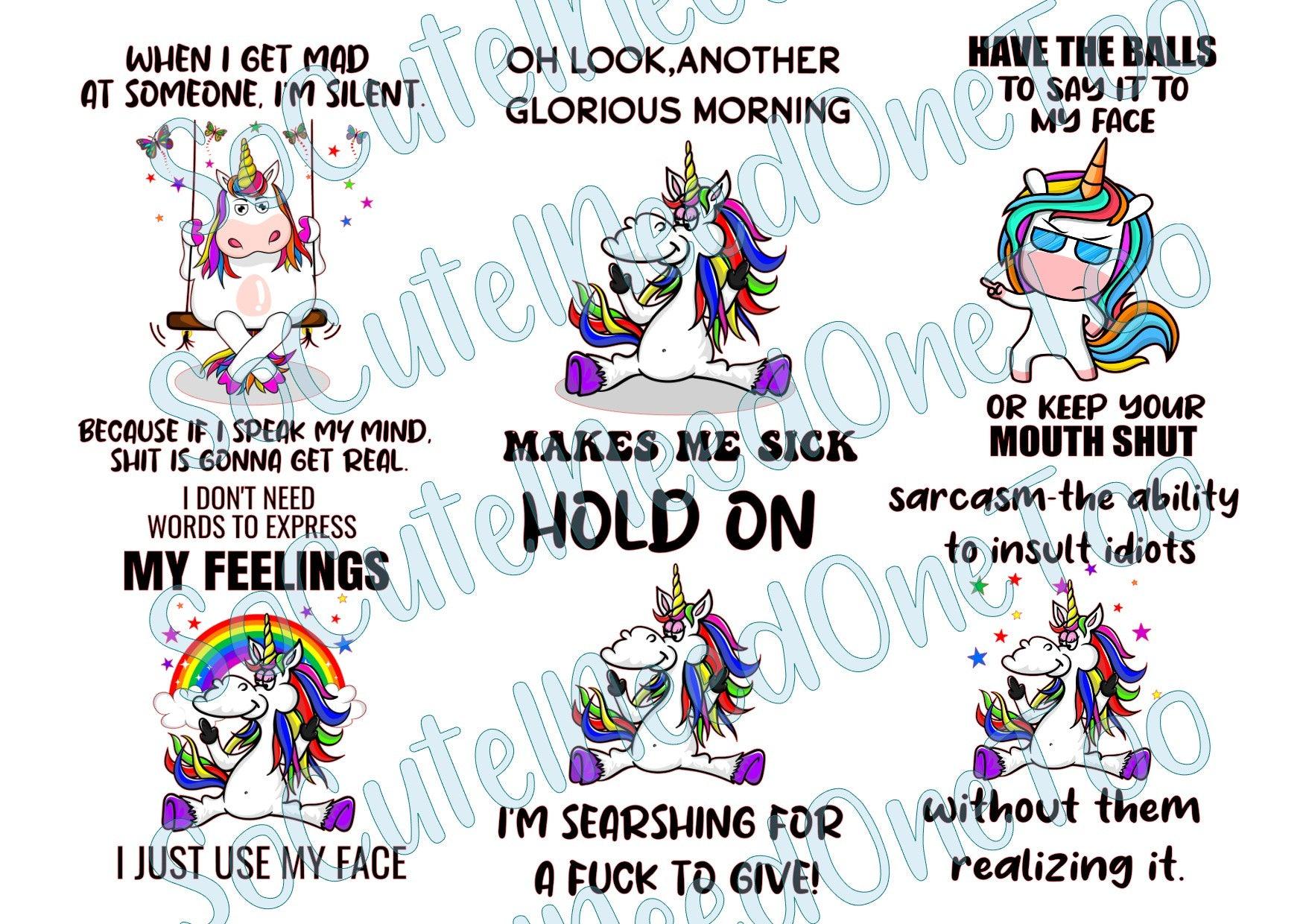Unicorns - Adult Humor on Clear Waterslide Paper Ready To Use - SoCuteINeedOneToo